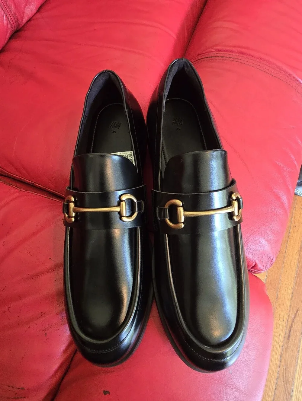 H&M Black Leather Loafers with Gold Hardware